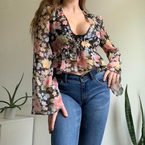 Long Sleeve V-Neck Floral Fairy Light Sheer Flowy Blouse